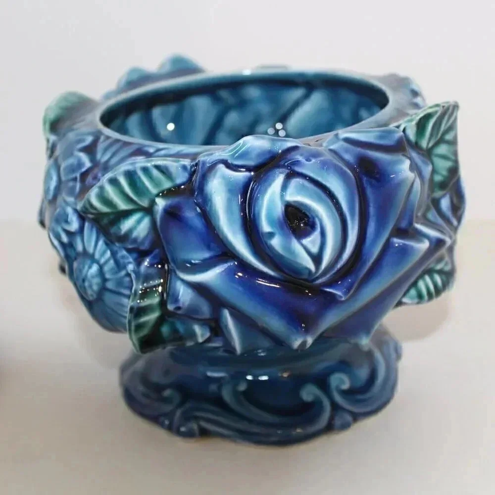 Vintage MCM Ceramic POTTERY Blue Flower Bouquet Storage Cookie Candy Jar W/ Lid